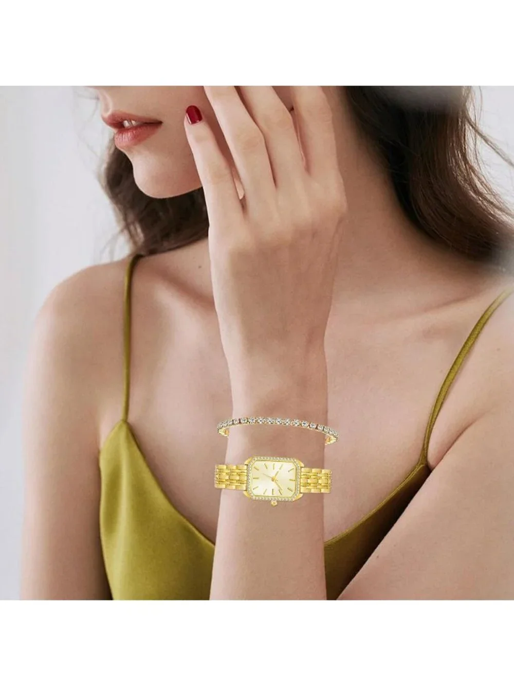 Women All Gold Jewelry Stainless Steel Diamond Bangle Bracelets Set Square Watch
